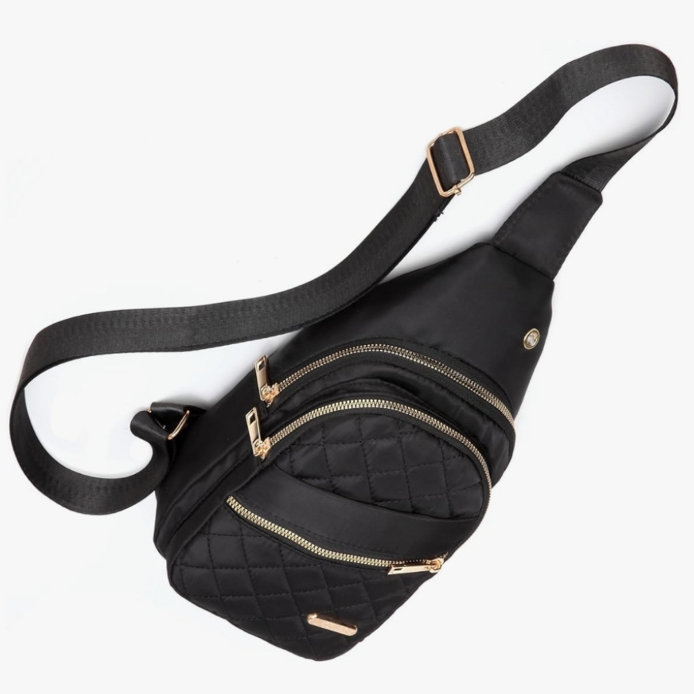 NWT Crossbody Sling Bag Black with Gold Zippers/Hardware One Size - Picture 3 of 5